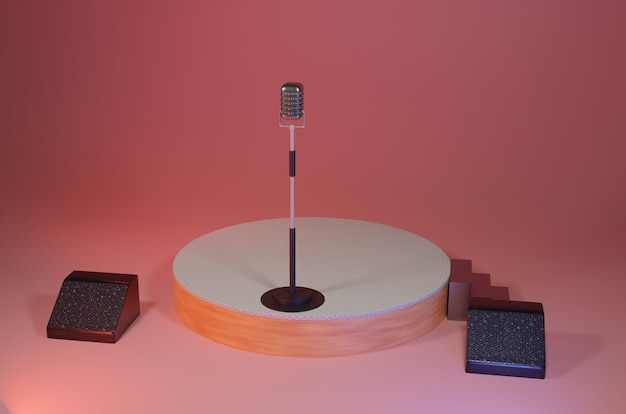 Foto escenario de renderizado 3d con micrófono y altavoces.