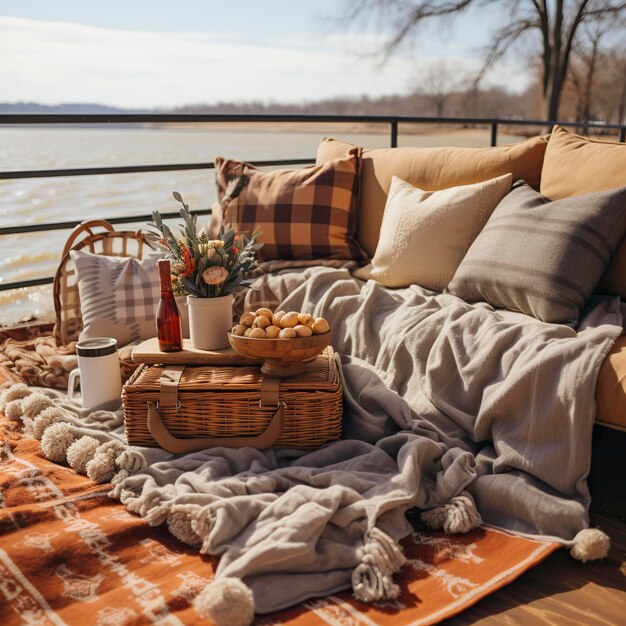 Un escenario romántico de picnic con una manta, almohadas, velas, día de San Valentín, día de la propuesta de matrimonio.