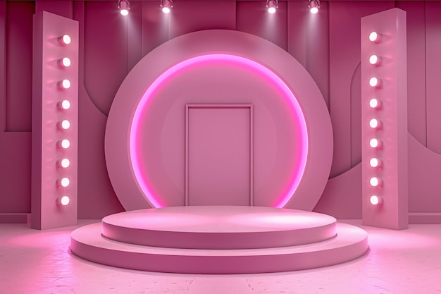 un escenario rosa con una puerta y un podio redondo