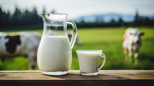 El escenario rural del sueño del amante con jarro y taza de leche