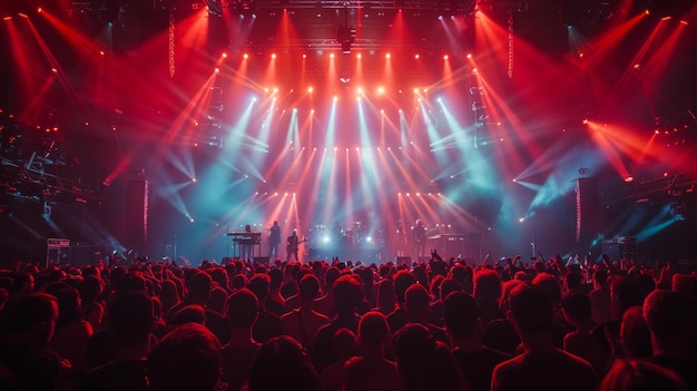 El escenario de la sala de conciertos está lleno de luces que proyectan sombras dinámicas la atmósfera del espectáculo de rock AI Generative