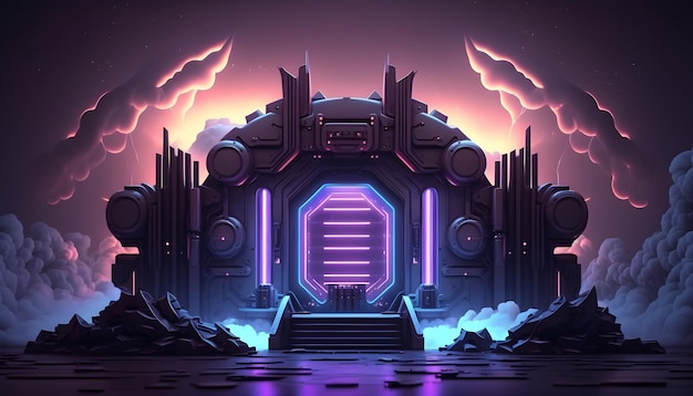 Escenario Scifi Neon con fondo de humo generativo ai