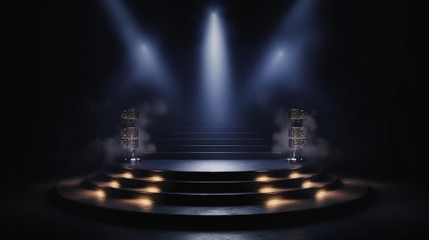 Un escenario con tarima y luces que dice 'la palabra vive'