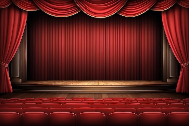 El escenario del teatro con cortina roja y asientos de fondo vectorial fotorrealista