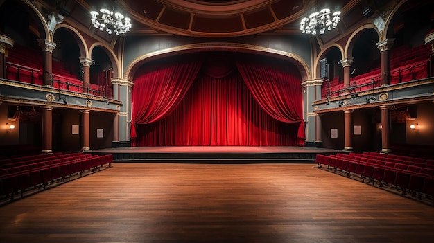 Foto escenario de teatro con cortina roja, sillas de piso de madera e iluminación generativa de ia.