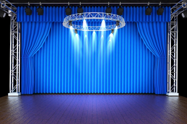 Escenario de teatro con cortinas azules y focos