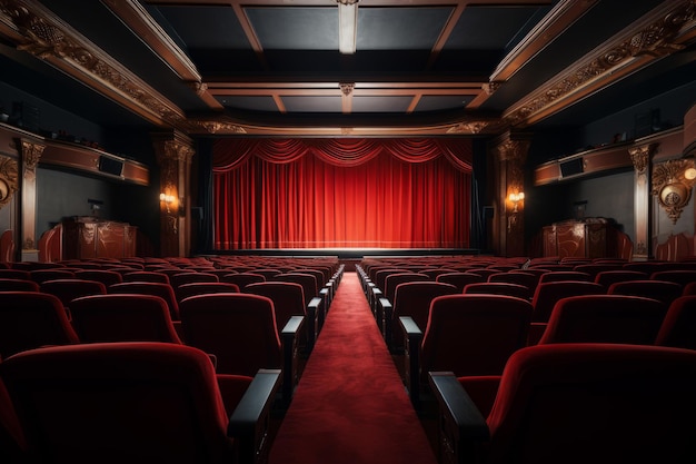 Escenario de teatro con cortinas rojas y asientos en 3D