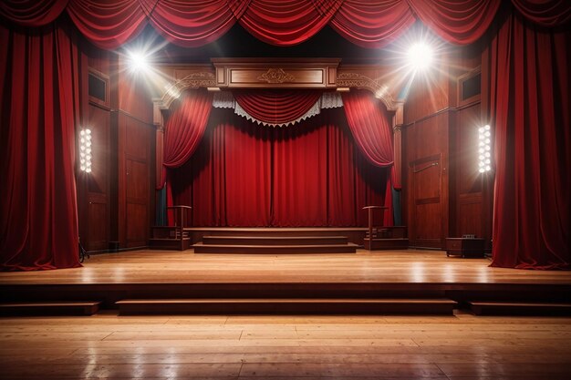 El escenario del teatro con cortinas rojas y suelo de madera