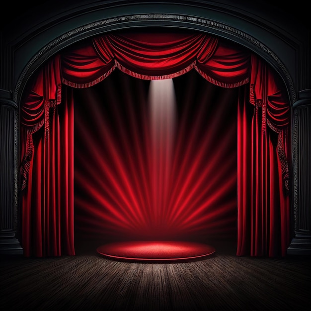 Escenario de teatro oscuro con cortinas rojas y foco