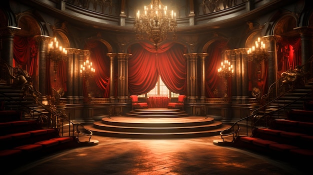 Un escenario con un teatro rojo y un escenario.