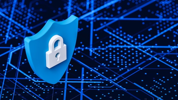 escenario de tecnología azul con un escudo y un candado blanco tema de seguridad informática y ciberseguridad