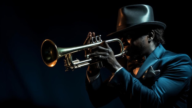 En el escenario, el trompetista de jazz cierra los ojos en una actuación enfocada.