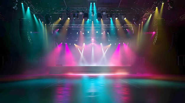 Un escenario vacío con colores vibrantes y un escenario de concierto iluminado