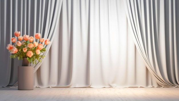 Escenario vacío con cortinas blancas y plantilla de jarrón de flores