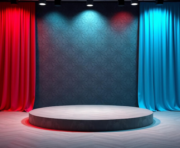 Escenario vacío con cortinas rojas y azules