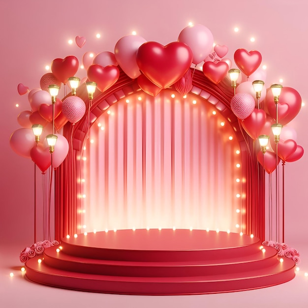 escenario vacío decoración de podio rojo con bombillas globos en forma de corazón generados por ai