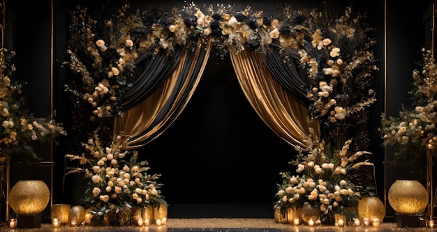 El escenario vacío negro y dorado con flores, decoración, luces brillantes.
