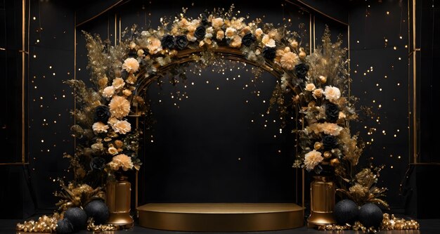 Foto el escenario vacío negro y dorado con flores, decoración, luces brillantes.