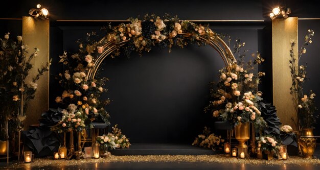 Foto el escenario vacío negro y dorado con flores, decoración, luces brillantes.