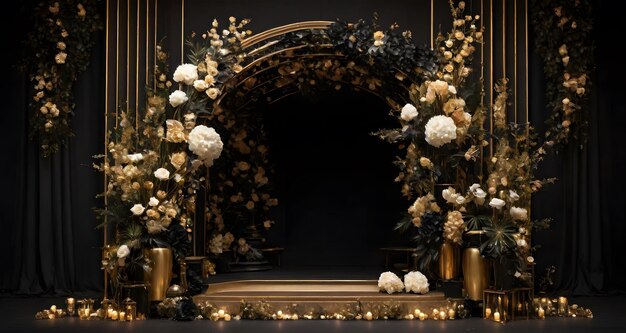 El escenario vacío negro y dorado con flores, decoración, luces brillantes.