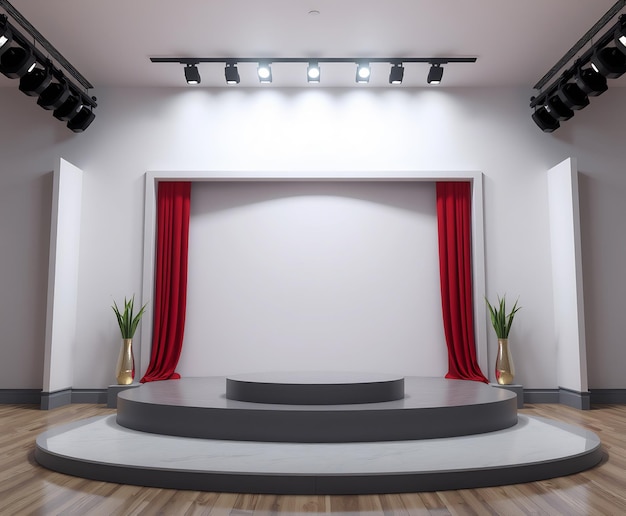 Escenario vacío con podio redondo gris y cortinas rojas