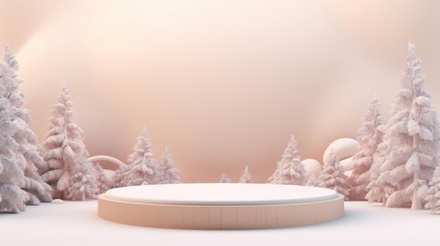 Foto un escenario vacío rodeado de árboles cubiertos de nieve podium con espacio de copia para productos de belleza