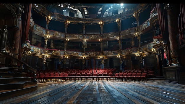 Escenario vacío con sillas rojas y piso de madera Escena de ensayo del Teatro Universitario