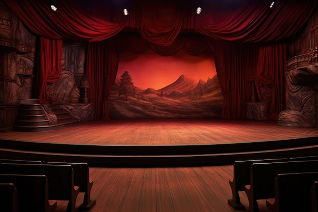 Escenario vacío con un telón de teatro clásico creado con IA generativa