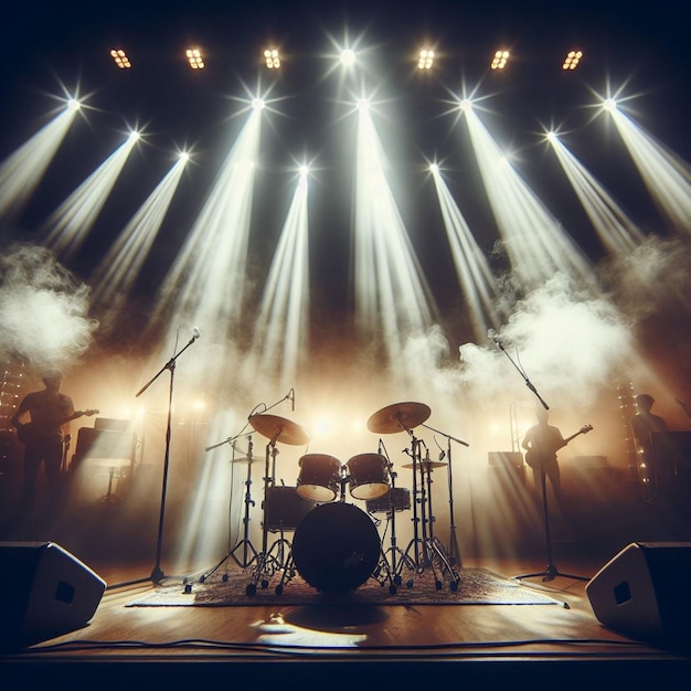 Un escenario vibrante con luces de colores y un conjunto de tambores para la interpretación de música en vivo