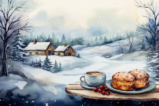 Escenas de acuarela de pasteles navideños tradicionales en fondo de nieve con espacio vacío para texto