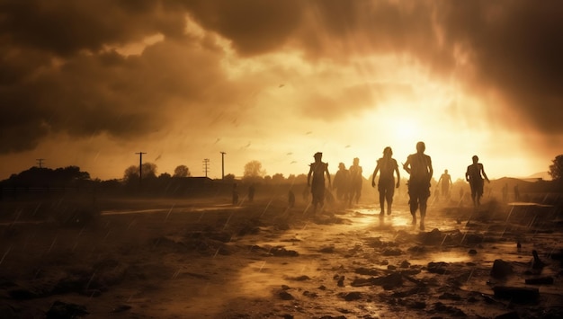 Escenas apocalípticas con zombies caminando maliciosamente entornos llenos de polvo atroz