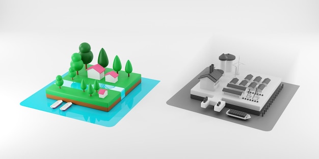 Escenas de contaminación de la ciudad y la industria de la ecologíaRepresentación 3D