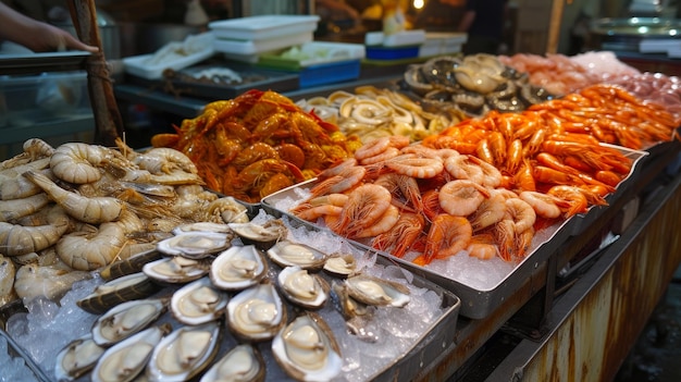 Foto escenas de mercados de frutos do mar em abundância