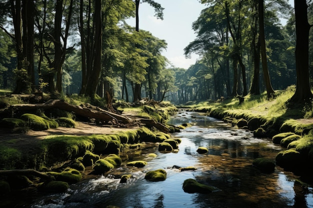 Escenas inspiradas en la naturaleza, diseño gráfico temático, una cañada tranquila en el bosque con la luz del sol de un arroyo balbuceante.