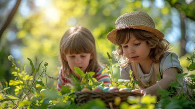 Foto escenas lúdicas de niños en busca de tesoros ocultos en medio de la exuberante vegetación el lunes de pascua