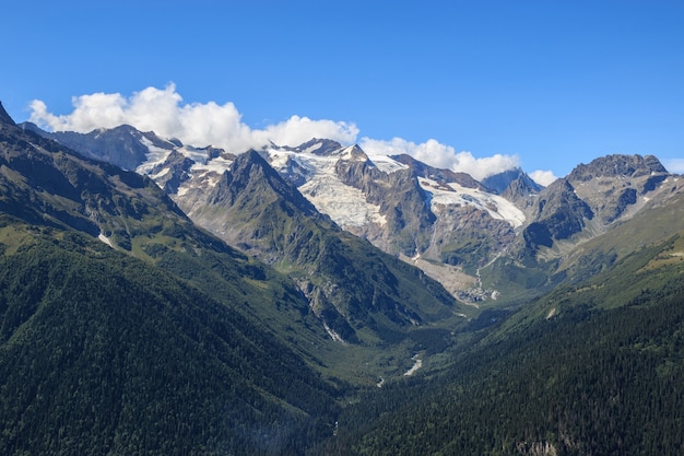 Foto escenas de las montañas de la opinión del primer en el parque nacional dombai, cáucaso, rusia, europa. paisaje de verano, clima soleado, espectacular cielo azul y día soleado