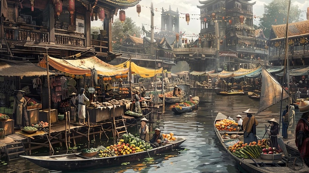 Foto escenas vibrantes de mercados flutuantes na movimentada cidade dos canais, com barracas coloridas e uma atmosfera animada