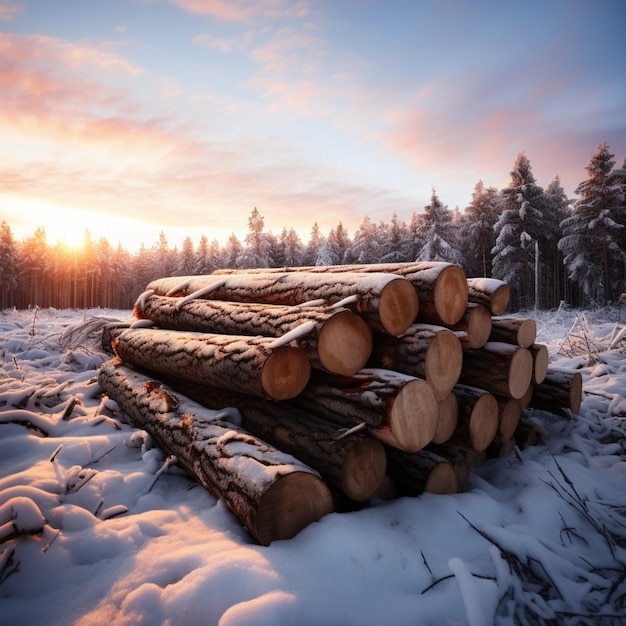 Escénico bosque de invierno puesta de sol pila de troncos de pino fondo para las redes sociales tamaño de la publicación