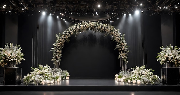 Foto esceno vacío negro y plateado con flores decoración de cartones luces brillantes