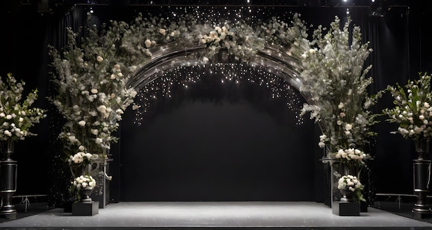 Foto esceno vacío negro y plateado con flores decoración de cartones luces brillantes