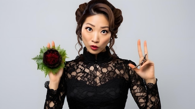 Esceptica atraente mulher asiática em preto elegante vestido de renda e coroa de flores sorrindo sem se divertir apontando o dedo