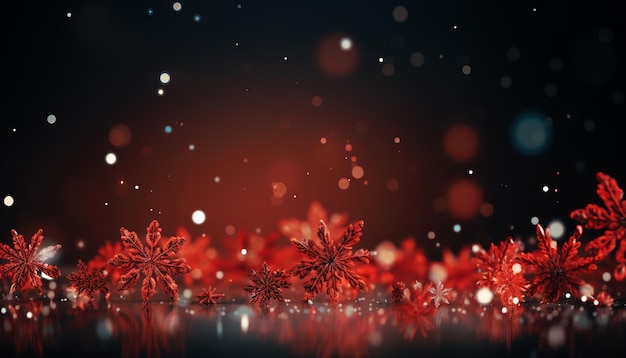 Escintilante fondo rojo de Navidad con copos de nieve y luces festivo de Feliz Navidad