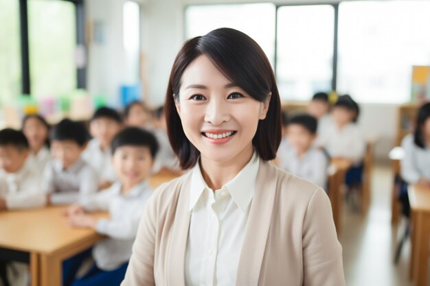 Escola asiática professores e alunos bonitos asiáticos na sala de aula