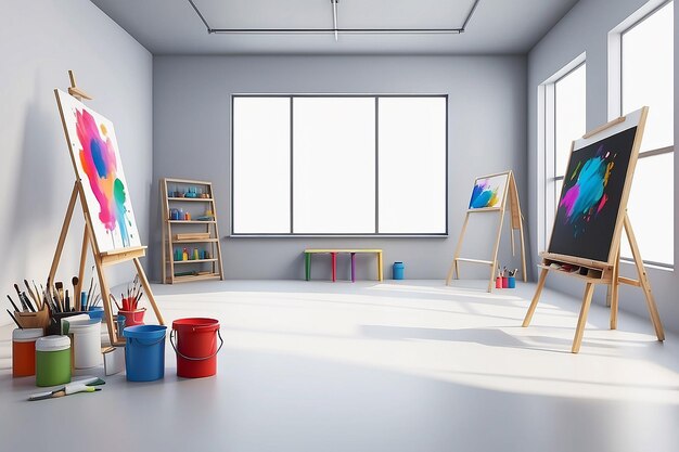 Foto escola de arte vr classe pintar com pincéis 3d em mockup em blanco