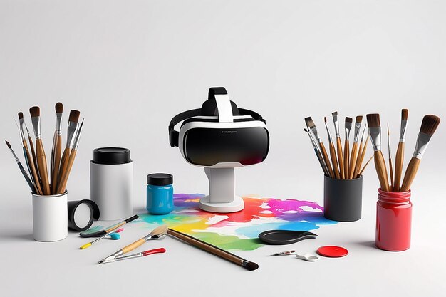 Foto escola de arte vr classe pintar com pincéis 3d em mockup em blanco