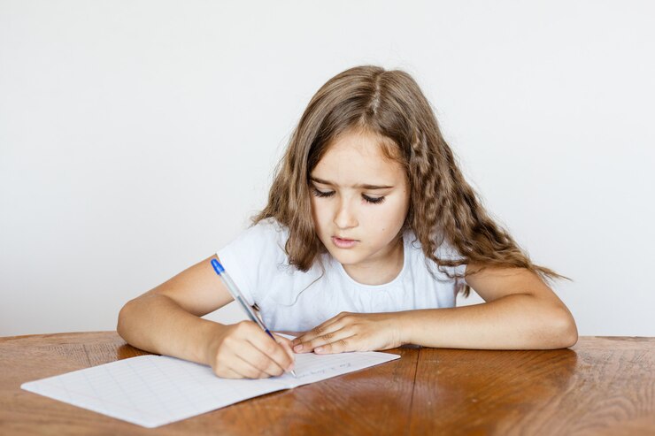 Escola de estudante de menina ensina lições, tarefas para escola, escola