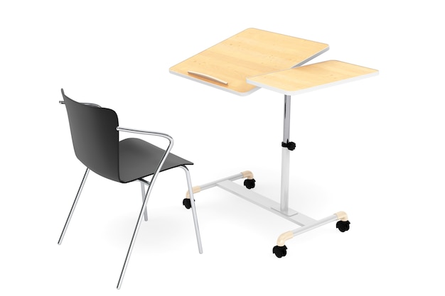Escola de madeira, mesa de laptop para casa e escritório com cadeira em um fundo branco