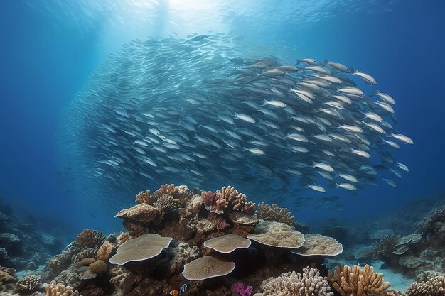 Foto escola de peixes uma escola de peixes dardos nadando sobre o recife