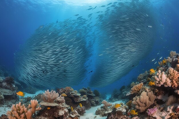 Foto escola de peixes uma escola de peixes dardos nadando sobre o recife