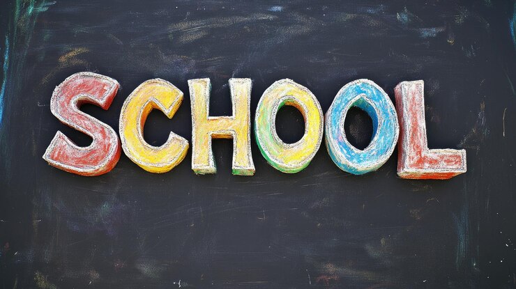 Foto escola escrita con tiza de colores en la pizarra
